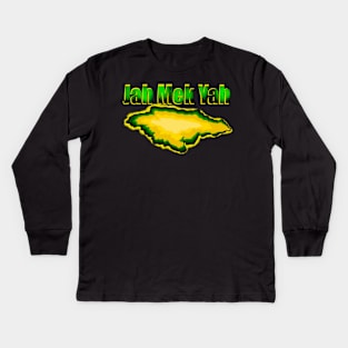 Jamaica -  Jah Mek Yah in patois and the map of Jamaica  in the colors of the Jamaican flag black green and gold Kids Long Sleeve T-Shirt